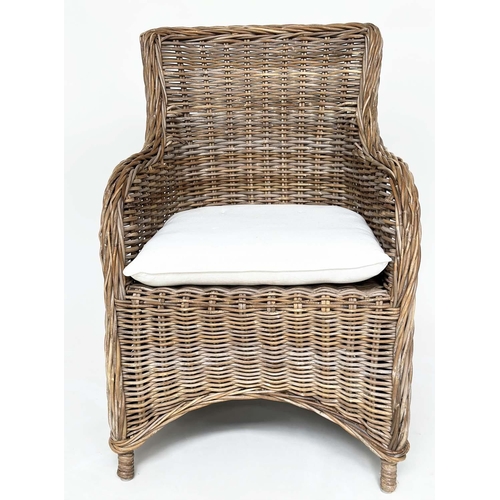 121 - ORANGERY ARMCHAIRS, a pair, rattan framed and woven with cushion seats. (2)