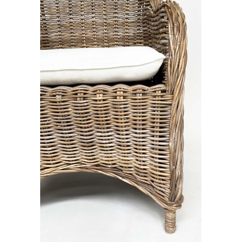 121 - ORANGERY ARMCHAIRS, a pair, rattan framed and woven with cushion seats. (2)