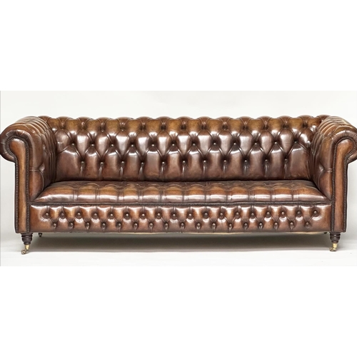 123 - CHESTERFIELD SOFA, traditional hand finished natural soft tan leather deep button upholstery with ro... 