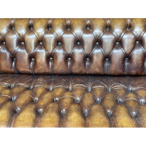 123 - CHESTERFIELD SOFA, traditional hand finished natural soft tan leather deep button upholstery with ro... 