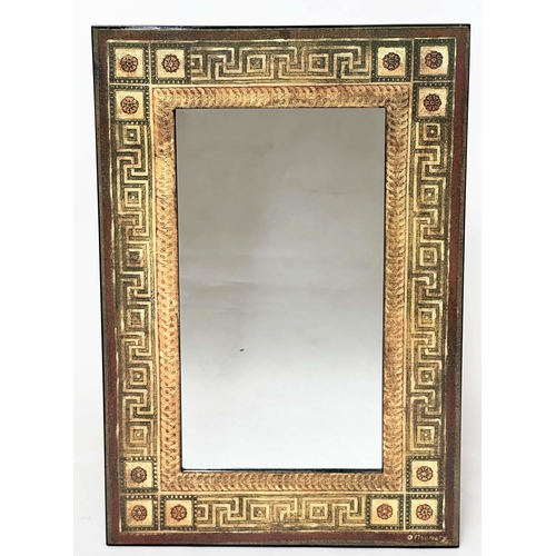 126 - WALL MIRROR, rectangular Greek key laminated frame, 91cm H x 61cm W.