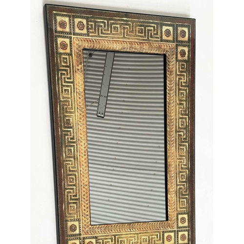 126 - WALL MIRROR, rectangular Greek key laminated frame, 91cm H x 61cm W.