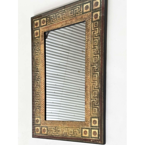 126 - WALL MIRROR, rectangular Greek key laminated frame, 91cm H x 61cm W.