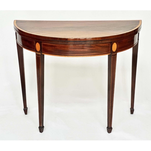 127 - CARD TABLE, George III flame mahogany and satinwood crossbanded, demilune foldover baise lined, 90cm... 