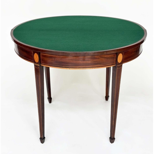 127 - CARD TABLE, George III flame mahogany and satinwood crossbanded, demilune foldover baise lined, 90cm... 