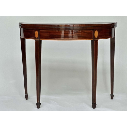 127 - CARD TABLE, George III flame mahogany and satinwood crossbanded, demilune foldover baise lined, 90cm... 