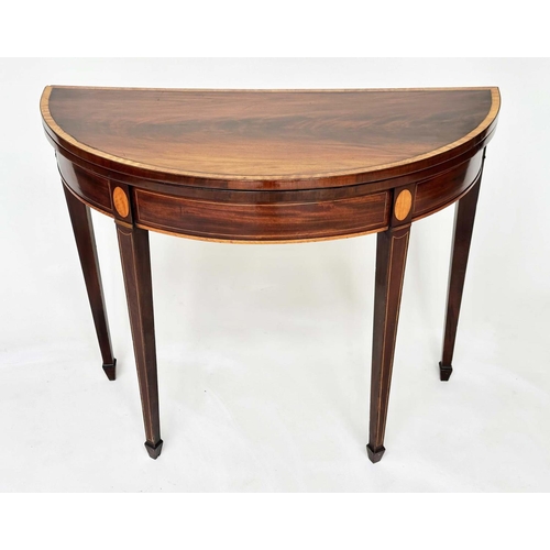 127 - CARD TABLE, George III flame mahogany and satinwood crossbanded, demilune foldover baise lined, 90cm... 