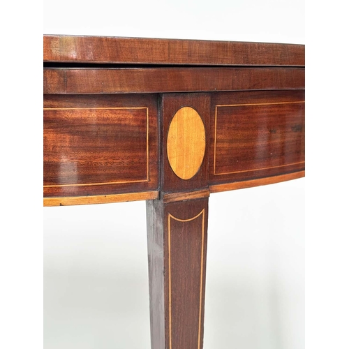 127 - CARD TABLE, George III flame mahogany and satinwood crossbanded, demilune foldover baise lined, 90cm... 