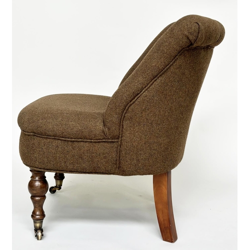 128 - SLIPPER CHAIR, Victorian style with herringbone tweed upholstery, 76cm H x 65cm W.