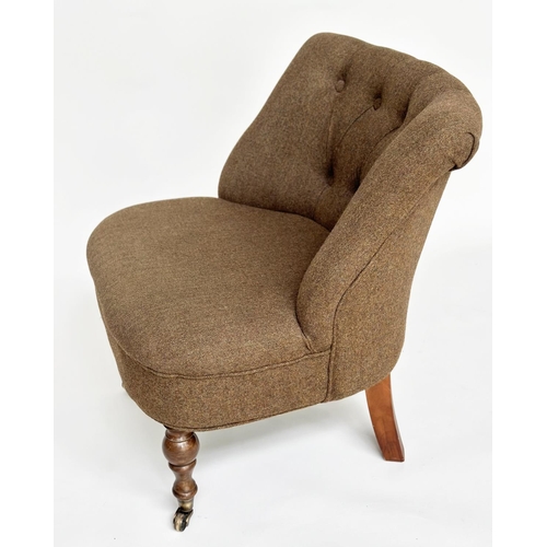 128 - SLIPPER CHAIR, Victorian style with herringbone tweed upholstery, 76cm H x 65cm W.