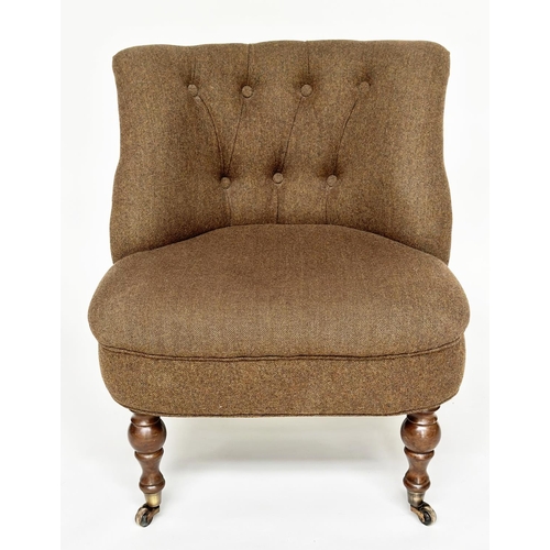 128 - SLIPPER CHAIR, Victorian style with herringbone tweed upholstery, 76cm H x 65cm W.