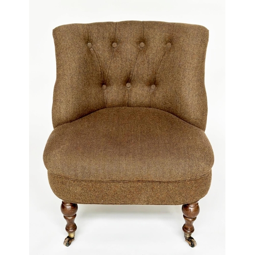 128 - SLIPPER CHAIR, Victorian style with herringbone tweed upholstery, 76cm H x 65cm W.