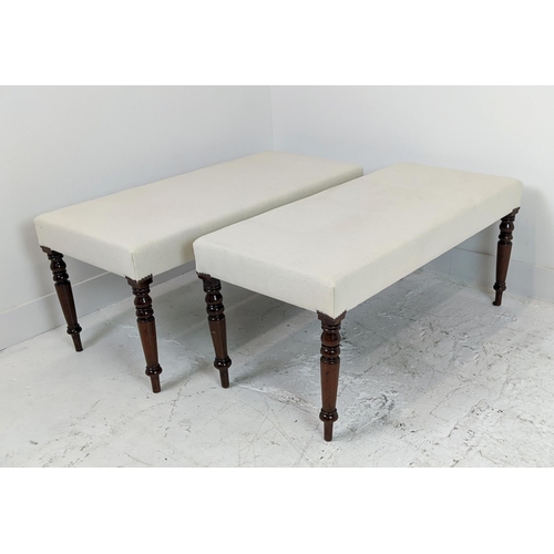 148 - STOOLS, a pair, part Victorian mahogany with rectangular white upholstery, 46cm H x 101cm W x 45cm D... 