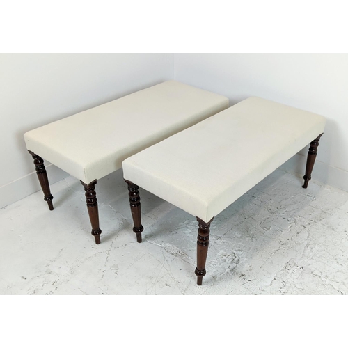 148 - STOOLS, a pair, part Victorian mahogany with rectangular white upholstery, 46cm H x 101cm W x 45cm D... 