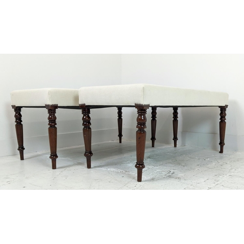 148 - STOOLS, a pair, part Victorian mahogany with rectangular white upholstery, 46cm H x 101cm W x 45cm D... 