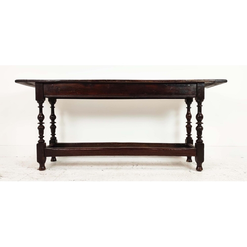 151 - HALL TABLE, early 18th century and later oak with peripheral stretchers, 76cm H x 170cm W x 40cm D.