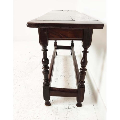 151 - HALL TABLE, early 18th century and later oak with peripheral stretchers, 76cm H x 170cm W x 40cm D.