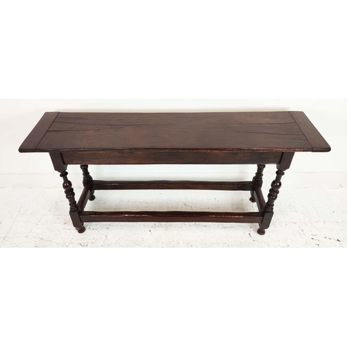 151 - HALL TABLE, early 18th century and later oak with peripheral stretchers, 76cm H x 170cm W x 40cm D.