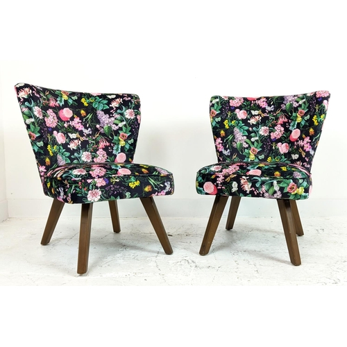 152 - COCKTAIL CHAIRS, a pair, newly upholstered in flower and butterfly patterned velvet, 74cm H x 66cm W... 