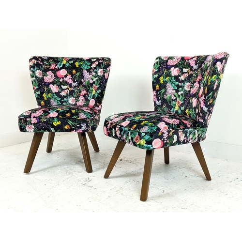 152 - COCKTAIL CHAIRS, a pair, newly upholstered in flower and butterfly patterned velvet, 74cm H x 66cm W... 