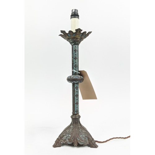 16 - ALTAR CANDLESTICK LAMPS, a pair, with light blue highlights, 50cm H. (2)