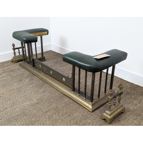 236 - CLUB FENDER, Edwardian brass with green leather seat, 143cm W x 48cm D x 59cm H, and a pair of brass... 