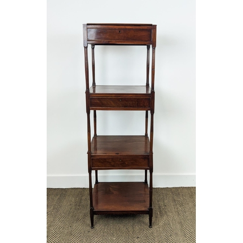 237 - WHATNOT, Regency mahogany with three drawers, 39cm D x 45cm W x 135cm H.