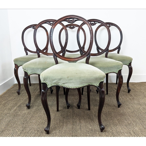 239 - DINING CHAIRS, a set of six, Victorian rosewood with cabriole front supports and velvet stuffover se... 