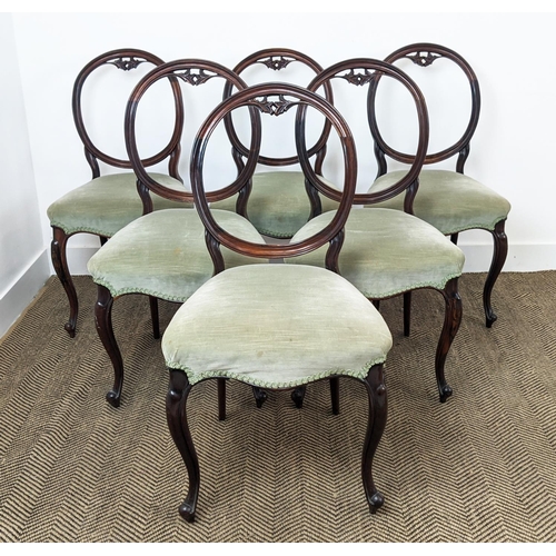 239 - DINING CHAIRS, a set of six, Victorian rosewood with cabriole front supports and velvet stuffover se... 