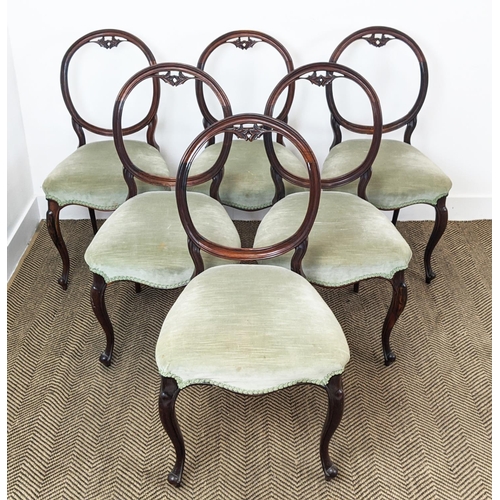 239 - DINING CHAIRS, a set of six, Victorian rosewood with cabriole front supports and velvet stuffover se... 