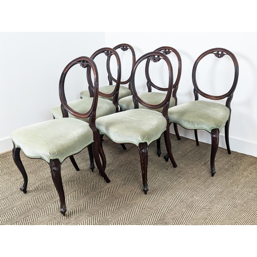 239 - DINING CHAIRS, a set of six, Victorian rosewood with cabriole front supports and velvet stuffover se... 