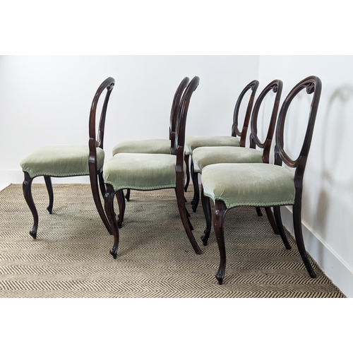 239 - DINING CHAIRS, a set of six, Victorian rosewood with cabriole front supports and velvet stuffover se... 