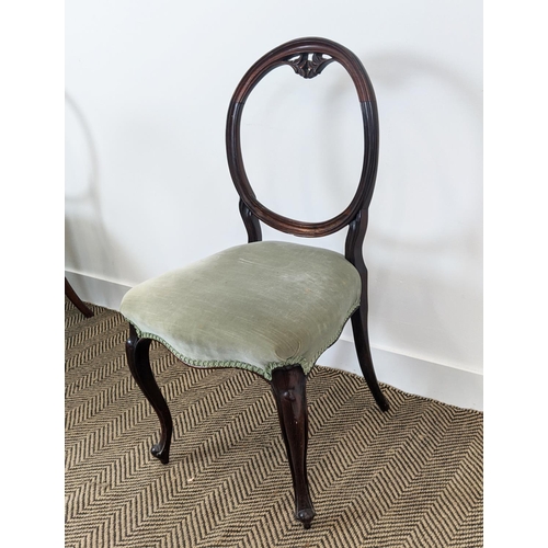 239 - DINING CHAIRS, a set of six, Victorian rosewood with cabriole front supports and velvet stuffover se... 