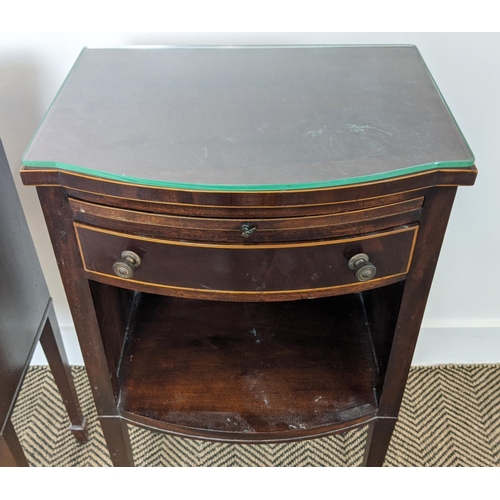 248 - BEDSIDE TABLES, a pair, Georgian style mahogany with boxwood inlay, bowfronted slides and drawers, e... 