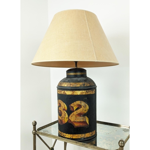 252 - TEA CANNISTER LAMP, metal with a line style shade, 80cm H, including shade.