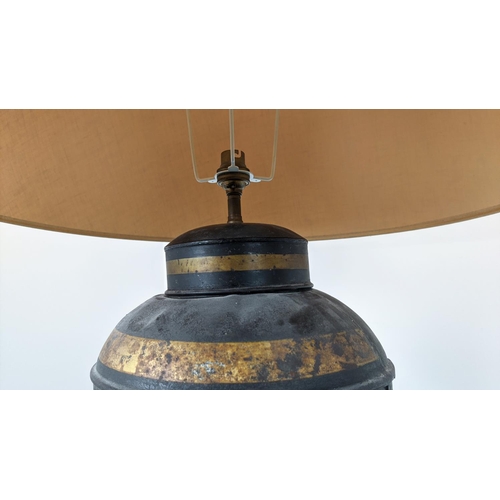 252 - TEA CANNISTER LAMP, metal with a line style shade, 80cm H, including shade.