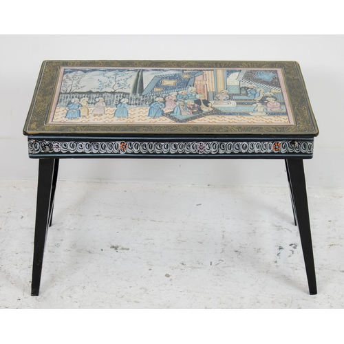 283 - LOW TABLE, painted with Oriental scene of figures on folding legs, 42cm H x 61cm W x 41cm D.