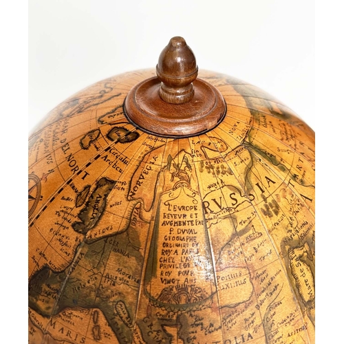 287 - GLOBE COCKTAIL CABINET, in the form of an antique terrestrial globe on stand with rising lid and fit... 