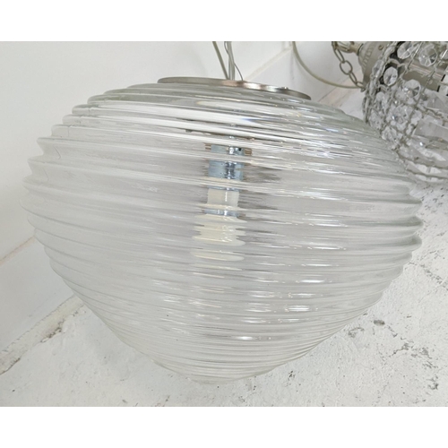 334 - GLASS PENDANT LIGHTS, a set of three, 35cm H, and another larger ribbed glass pendant light, 35cm H ... 