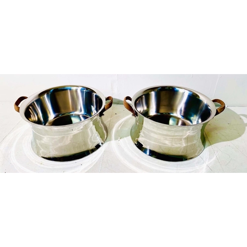 343 - CHAMPAGNE BATHS, a pair, polished metal, with leather handles, 23cm H x 51cm x 44cm. (2)