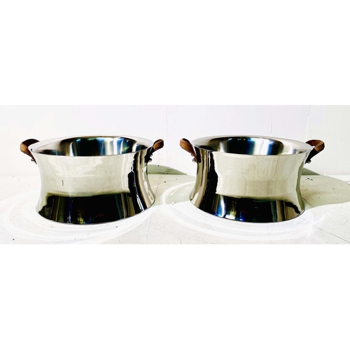 343 - CHAMPAGNE BATHS, a pair, polished metal, with leather handles, 23cm H x 51cm x 44cm. (2)