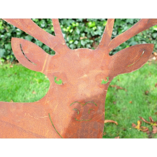 347 - GARDEN SCULPTURAL STAG SILOUETTE STATUES, in oxidised finished metal, 130cm H x 135cm x 30cm.