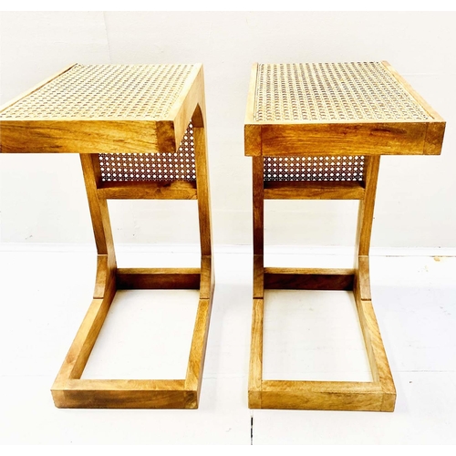 349 - SIDE TABLES, a pair, 1970's Danish style, in wood and rattan, 60cm H x 30cm x 40cm. (2)