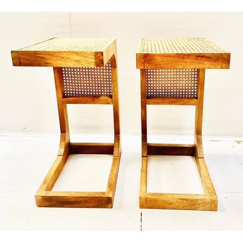 349 - SIDE TABLES, a pair, 1970's Danish style, in wood and rattan, 60cm H x 30cm x 40cm. (2)