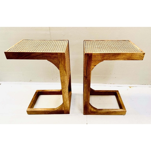 349 - SIDE TABLES, a pair, 1970's Danish style, in wood and rattan, 60cm H x 30cm x 40cm. (2)