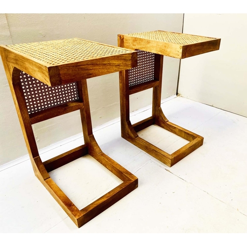 349 - SIDE TABLES, a pair, 1970's Danish style, in wood and rattan, 60cm H x 30cm x 40cm. (2)