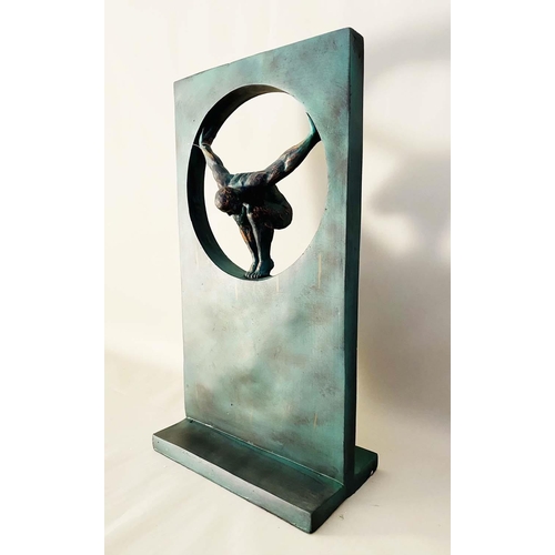 350 - CONTEMPORARY SCHOOL SCULPTURE, with central cut out and diver in pose, 81cm H x 44cm W x 25cm D