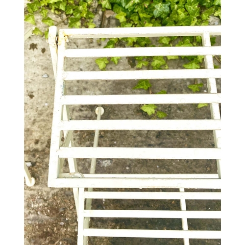 356 - GARDEN ETAGERE PLANT STANDS, a pair, white metal with three tiers, 63cm H x 62cm x 60cm. (2)