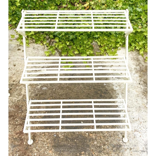 356 - GARDEN ETAGERE PLANT STANDS, a pair, white metal with three tiers, 63cm H x 62cm x 60cm. (2)