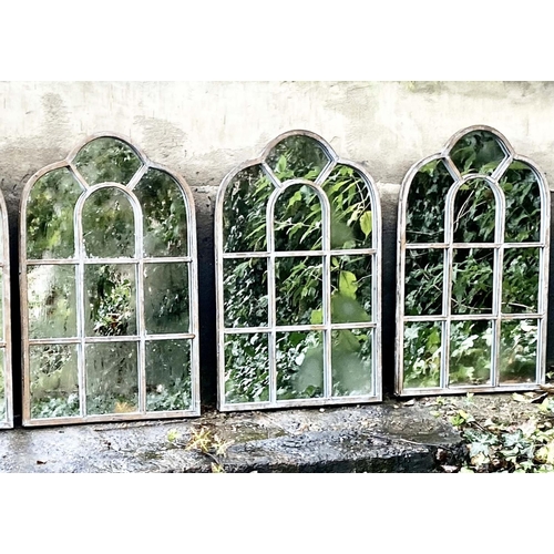 358 - ARCHITECTURAL GARDEN MIRRORS, a set of three, with metal frames, 60cm H x 39cm. (3)